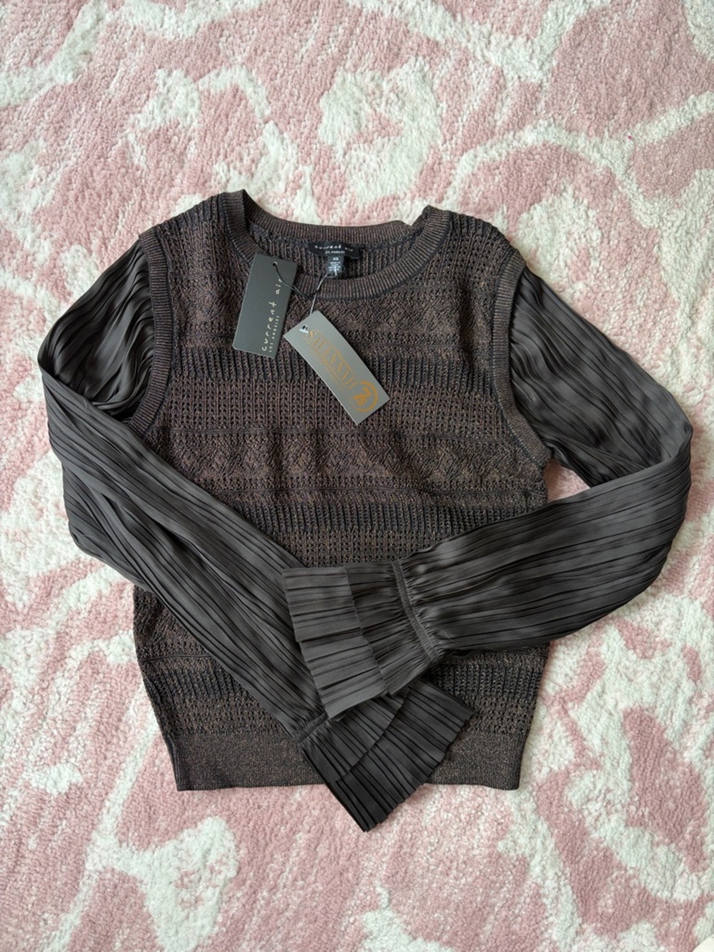 Current Air Brown Pleated-Sleeve Knit Top